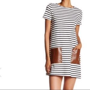 Soprano
Faux Leather Pocket Striped Shift Dress